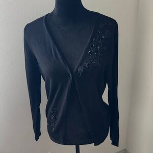 West End Petite Black Cardigan with Floral‎ Embroidery beading Sz PM